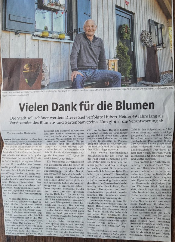 Bild eines Zeitungsartikel über den Blumen und Gartenverein Buchloe